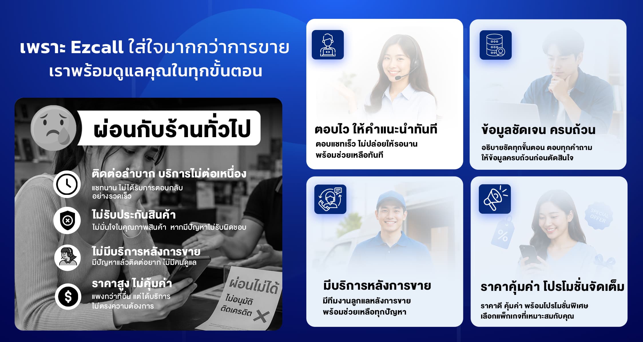 เพราะ Ezcall ใส่ใจมากกว่าการขาย — ตอบไว ข้อมูลชัดเจน มีบริการหลังการขาย ราคาคุ้มค่า